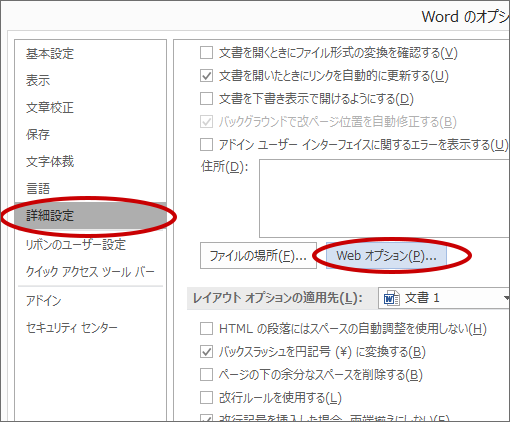 「詳細設定」を選択し、「全般」の〔Ｗｅｂオプション〕ボタンをクリック